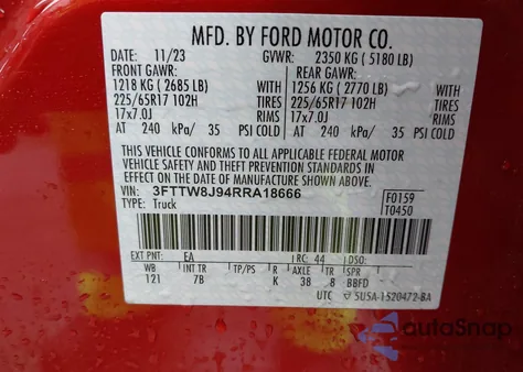 2024 Ford Maverick Xlt из США, поврежденный, VIN 3FTTW8J94RRA18666